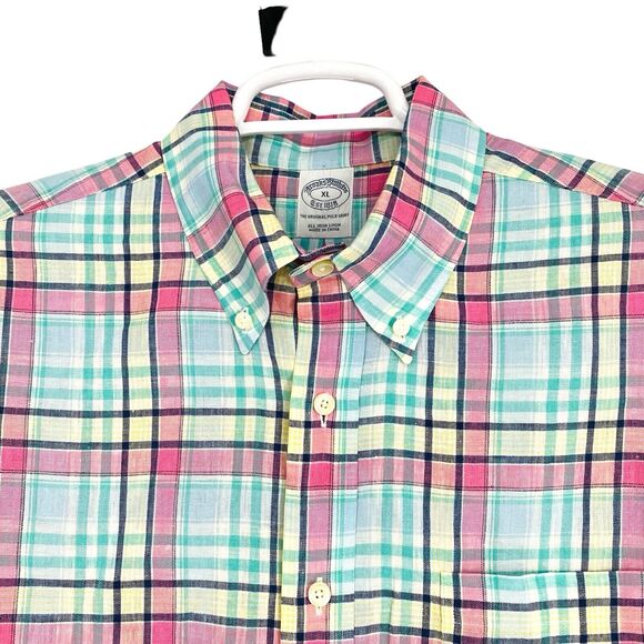Brooks Brothers Shirt Mens XL Green Pink Plaid Irish Linen Button Up Extra Large - Picture 2 of 10